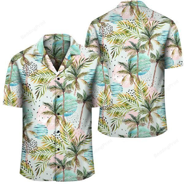 Hawaii Tropical Watercolor Palm Tree Leaf Hawaiian Shirt Tropical Aloha Button Up