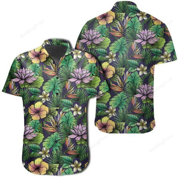 Hibiscus And Plumeria Green Hawaiian Shirt Tropical Aloha Button Up