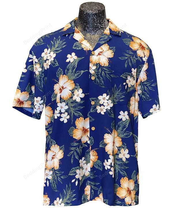 Hibiscus Resort Navy Hawaiian Shirt Tropical Aloha Button Up