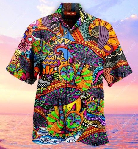 Hippie Mushroom Unisex Hawaiian Shirt Tropical Aloha Button Up