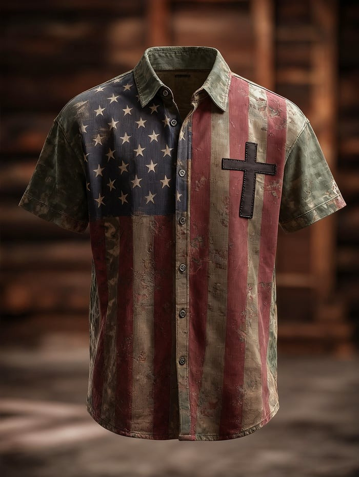 Holy Cross American Patriotic Hawaiian Shirt Vintage US Flag Design Faith In Jesus Shirt