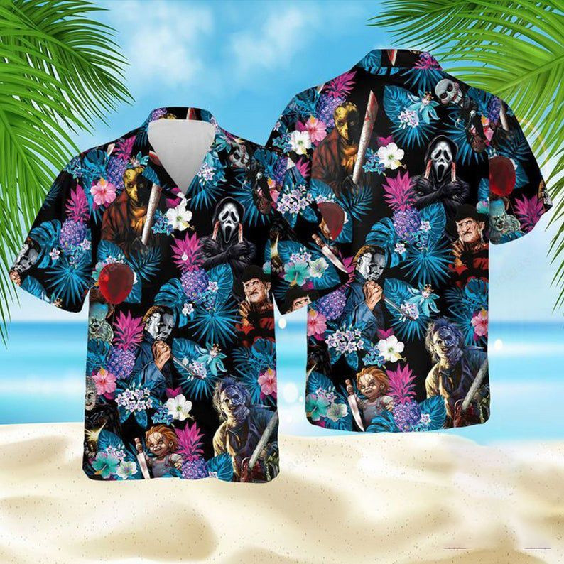 Horror Character Floral Hawaiian Shirt Tropical Aloha Button Up
