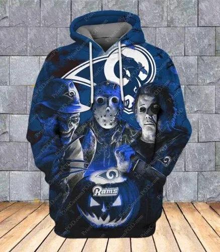 Horror Los Angeles Rams Jason Voorhees Freddy Krueger Michael Myers Halloween NFL 3D All Over Print Hoodie
