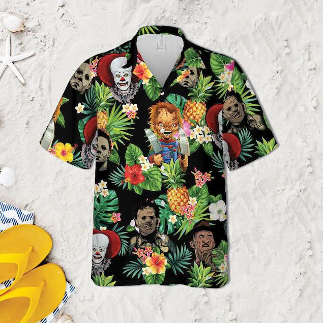 Horror Movie Characters Chucky Jason Michael Freddy Tropical Hawaiian Shirt Tropical Aloha Button Up