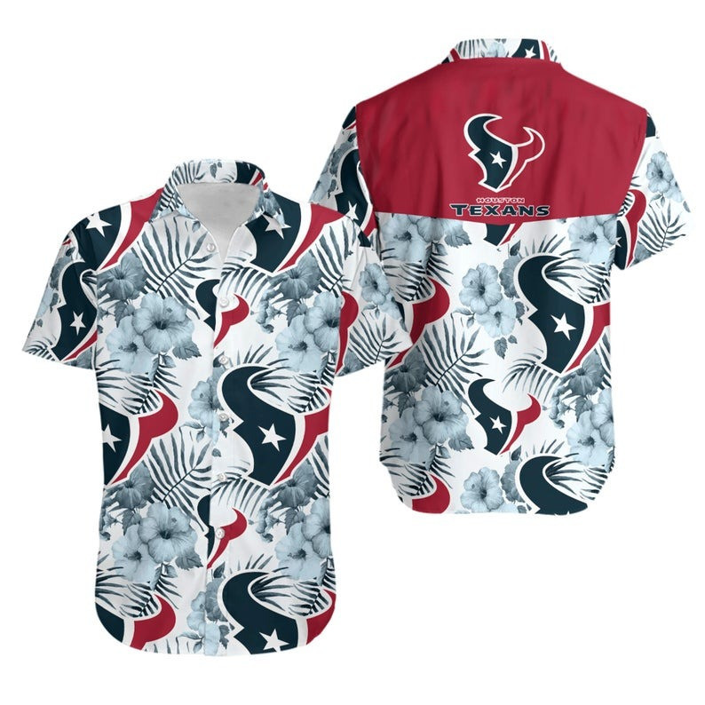 Houston Texans Many Logo And Floral Hawaiian Shirt Tropical Aloha Button Up