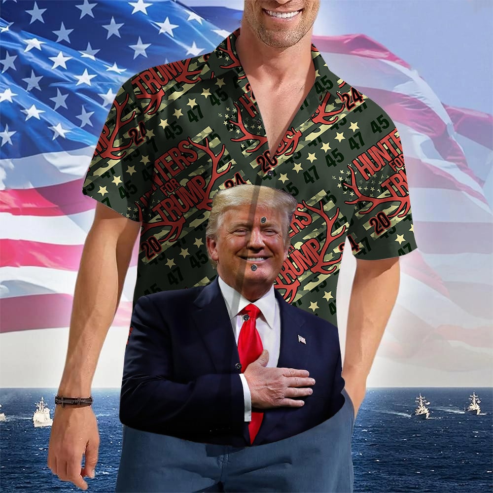 Hunters For Trump 2024 Hawaiian Shirt Donald Trump 45 47 Button Up Shirt Gifts For Hunters