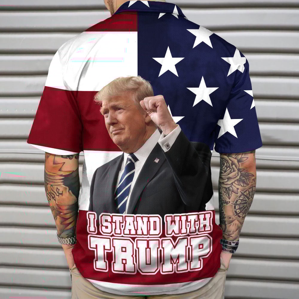 I Stand With Trump Hawaiian Shirt American Flag Trump For President 2024 Patriotic Button Up