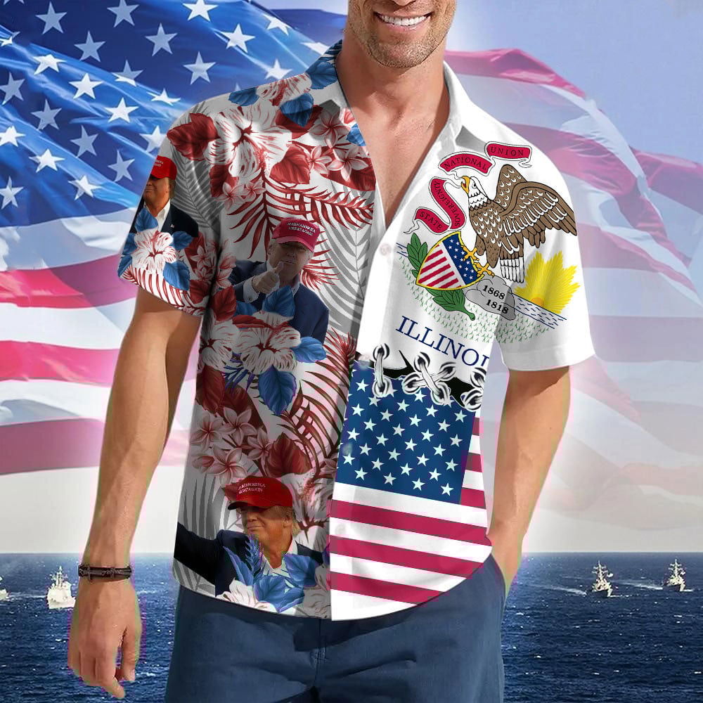 Illinois For Trump 2024 Hawaiian Shirt MAGA Donald Trump Hawaiian Button Up Shirt Summer Gifts