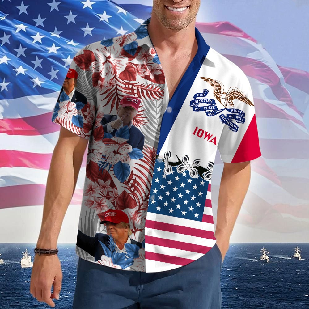 Iowa For Trump 2024 Hawaiian Shirt MAGA Donald Trump Summer Button Up Shirt Gifts For Husband
