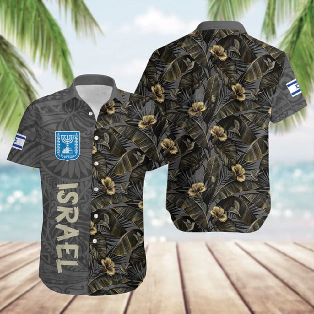 Israel Hibiscus Pattern Maori Hawaiian Shirt Support Israel Coat Of Arms Apparel