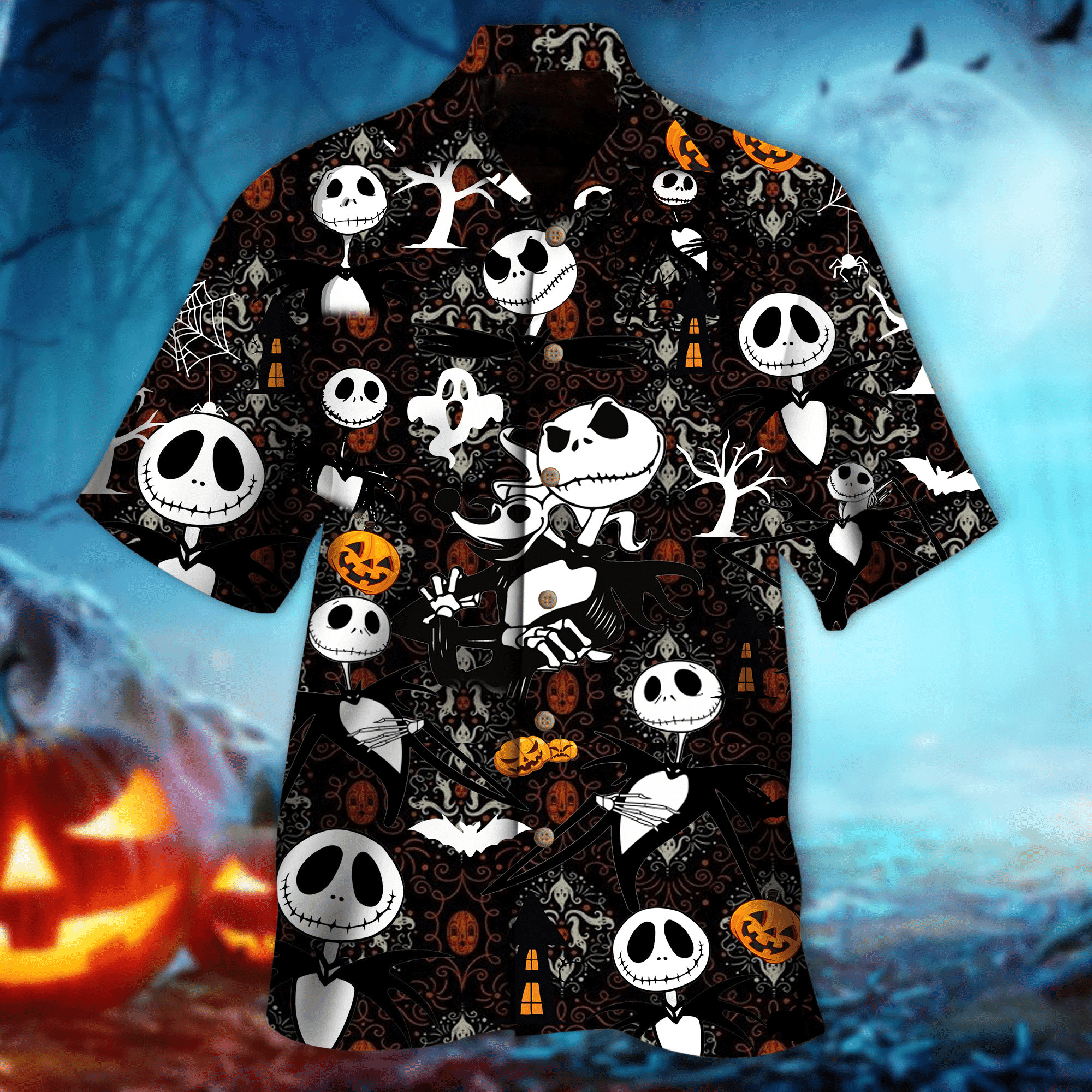 Jack Skellington Skull Tiny Pattern Hawaiian Shirt Tropical Aloha Button Up