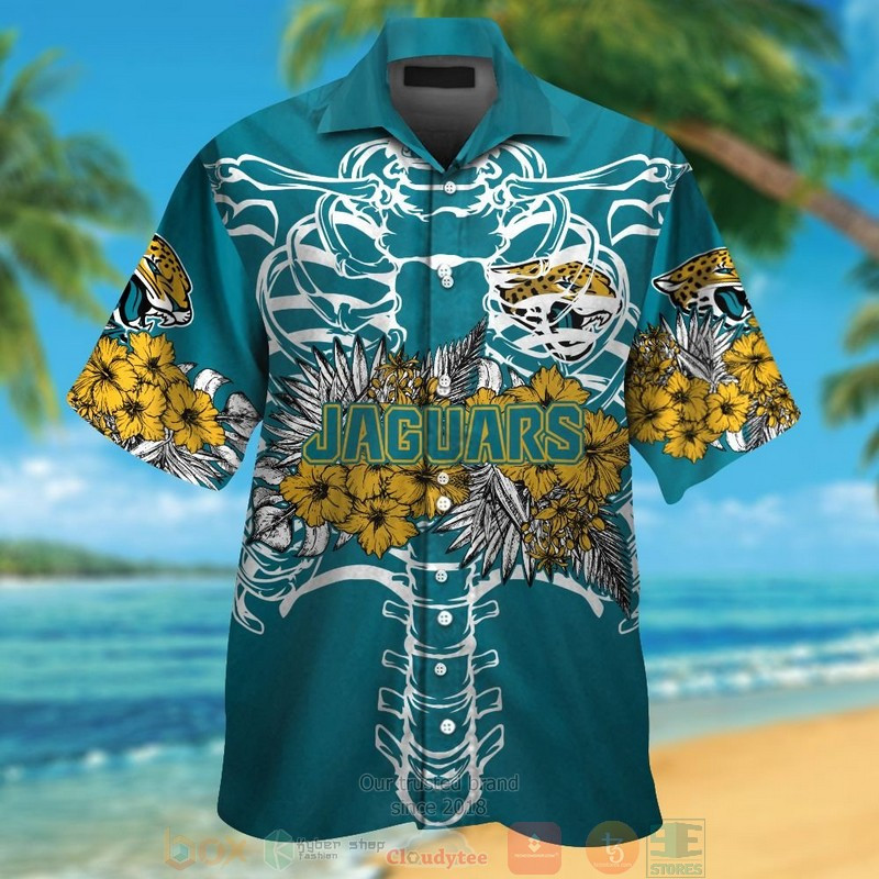 Jacksonville Jaguars Gold Hibiscus Teal Hawaiian Shirt Tropical Aloha Button Up