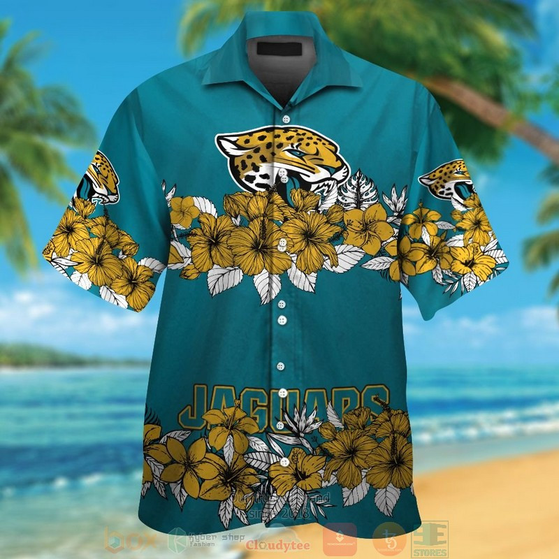 Jacksonville Jaguars Gold Tropical Plants Teal Hawaiian Shirt Tropical Aloha Button Up