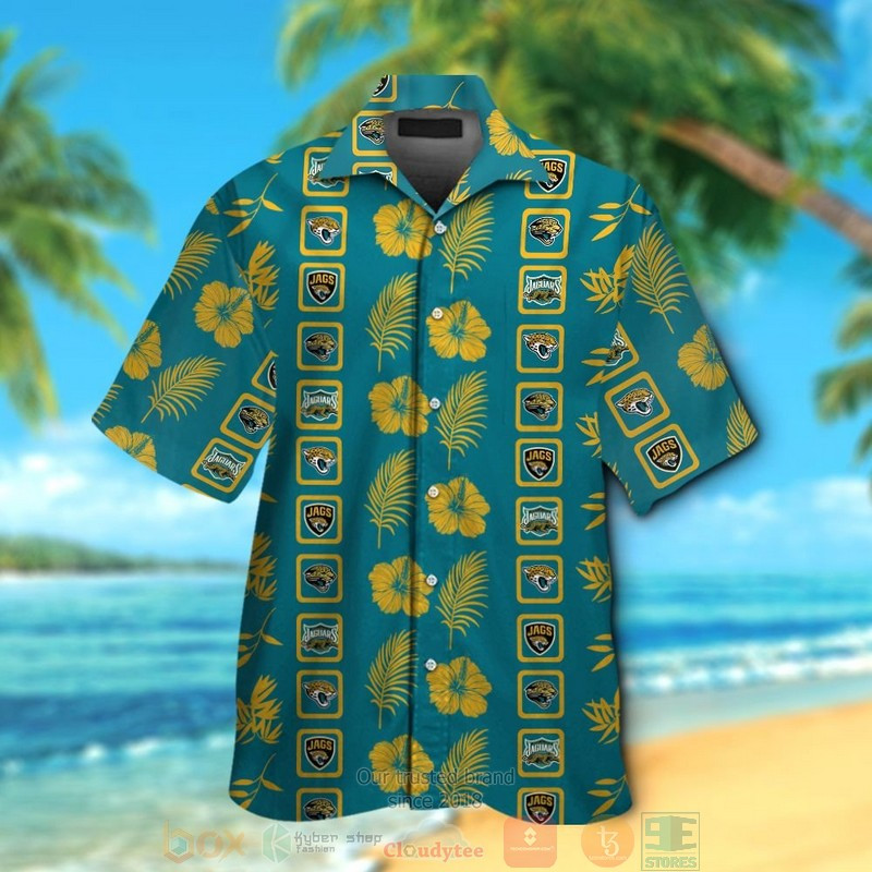 Jacksonville Jaguars Logo Gold Hibiscus Teal Hawaiian Shirt Tropical Aloha Button Up