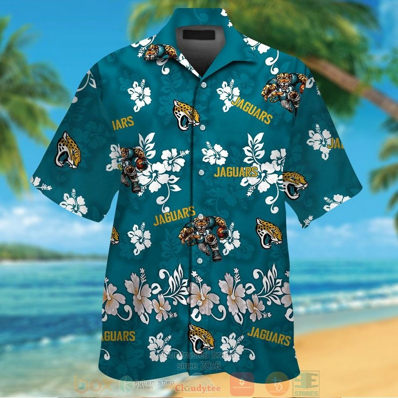 Jacksonville Jaguars Logo White Hibiscus Teal Hawaiian Shirt Tropical Aloha Button Up