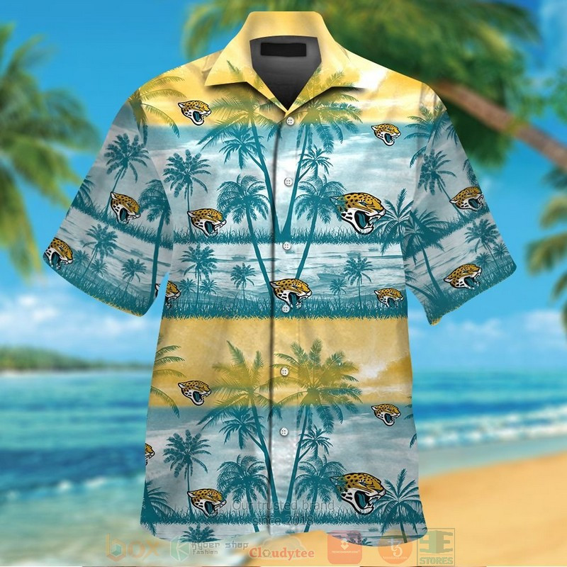 Jacksonville Jaguars Palm Tree Gold Teal Hawaiian Shirt Tropical Aloha Button Up