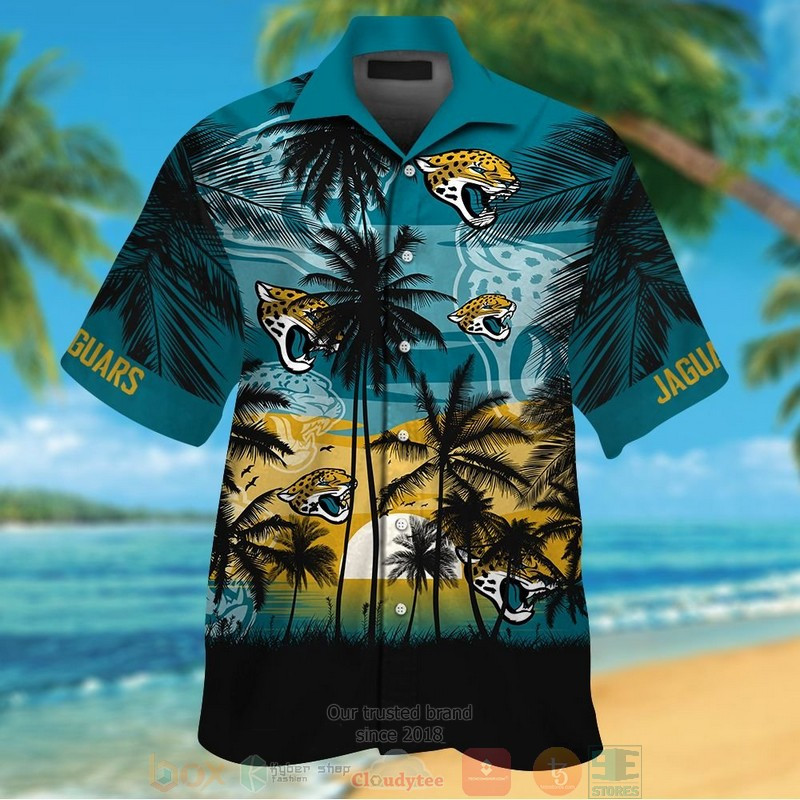 Jacksonville Jaguars Palm Tree Teal Black Hawaiian Shirt Tropical Aloha Button Up