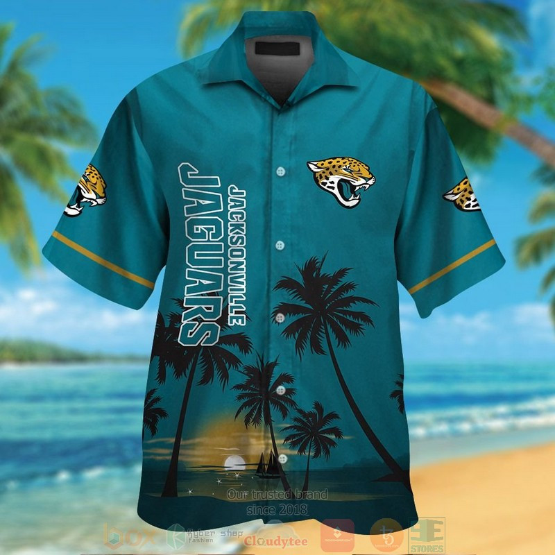 Jacksonville Jaguars Palm Trees Dark Teal Hawaiian Shirt Tropical Aloha Button Up