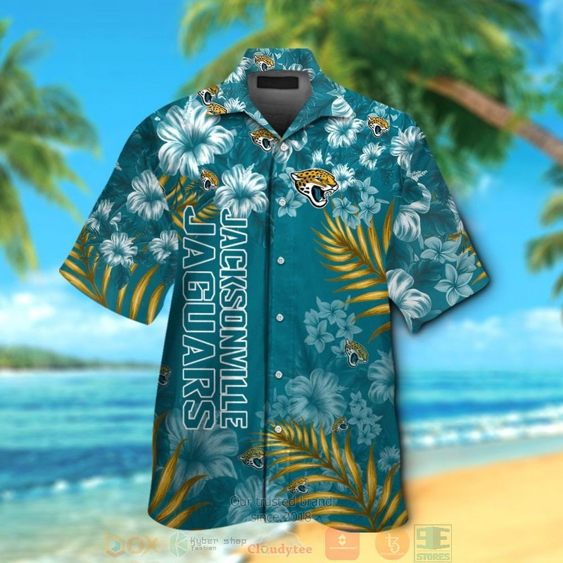 Jacksonville Jaguars Tropical Plants Hibiscus Teal Hawaiian Shirt Tropical Aloha Button Up