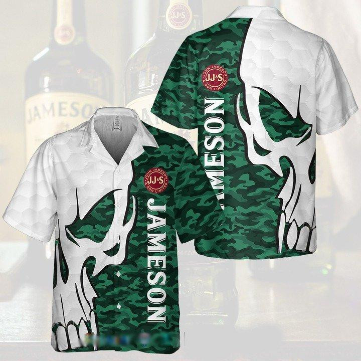 Jameson Irish Whiskey Army Green Camo Skull Hawaiian Shirt Tropical Aloha Button Up