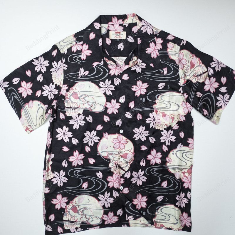 Japanese Wagara Skulls Sakura Hawaiian Shirt Tropical Aloha Button Up