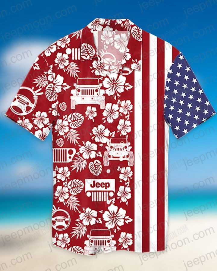Jeep American Flag Hawaiian Shirt Tropical Aloha Button Up
