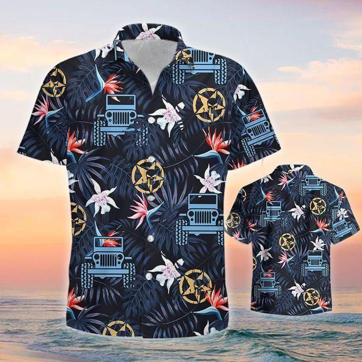Jeep Car Star Navy Black Tropical Aloha Hawaiian Shirt Tropical Aloha Button Up