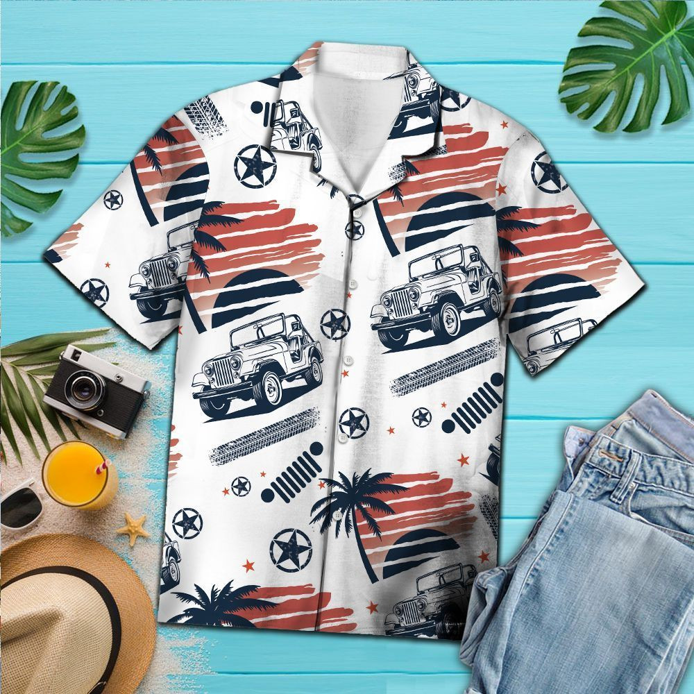Jeep Cars Beach Hawaiian Shirt Tropical Aloha Button Up
