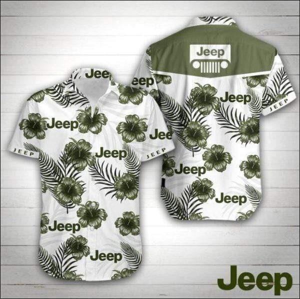 Jeep Green Hibiscus Hawaiian Shirt Tropical Aloha Button Up