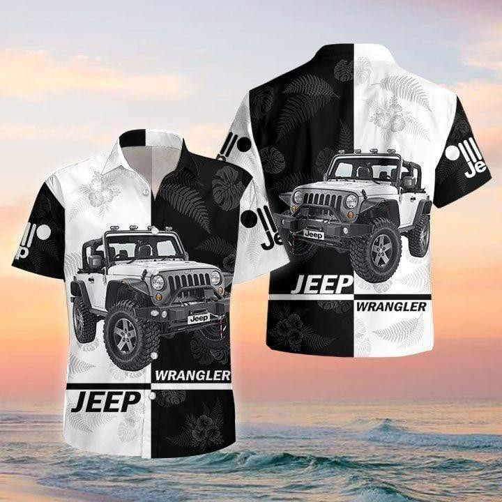 Jeep Wrangler Black And White Hawaiian Shirt Tropical Aloha Button Up
