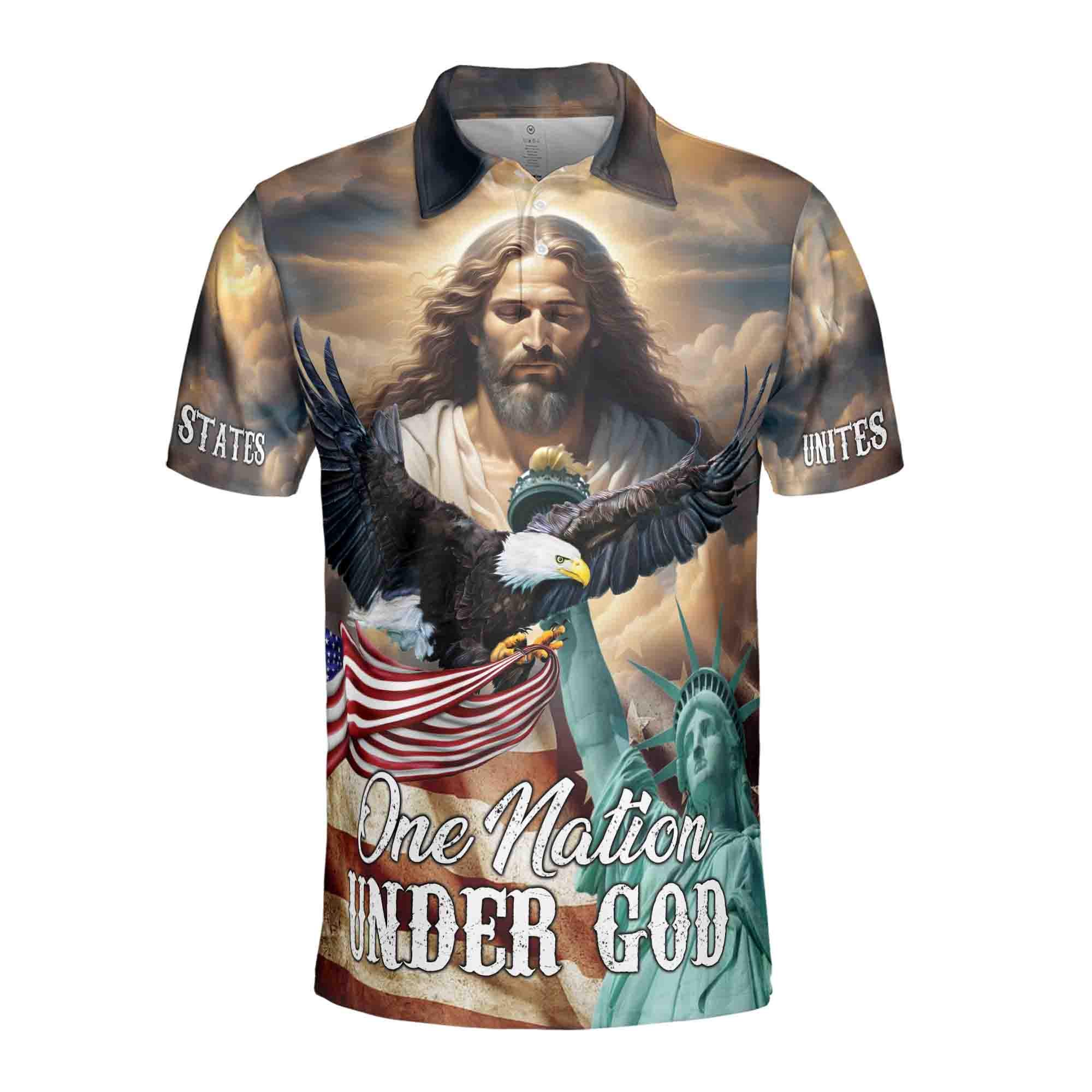 Alternative view of Jesus Aurole One Nation Under God America Statue of Liberty Men's Polo Shirt