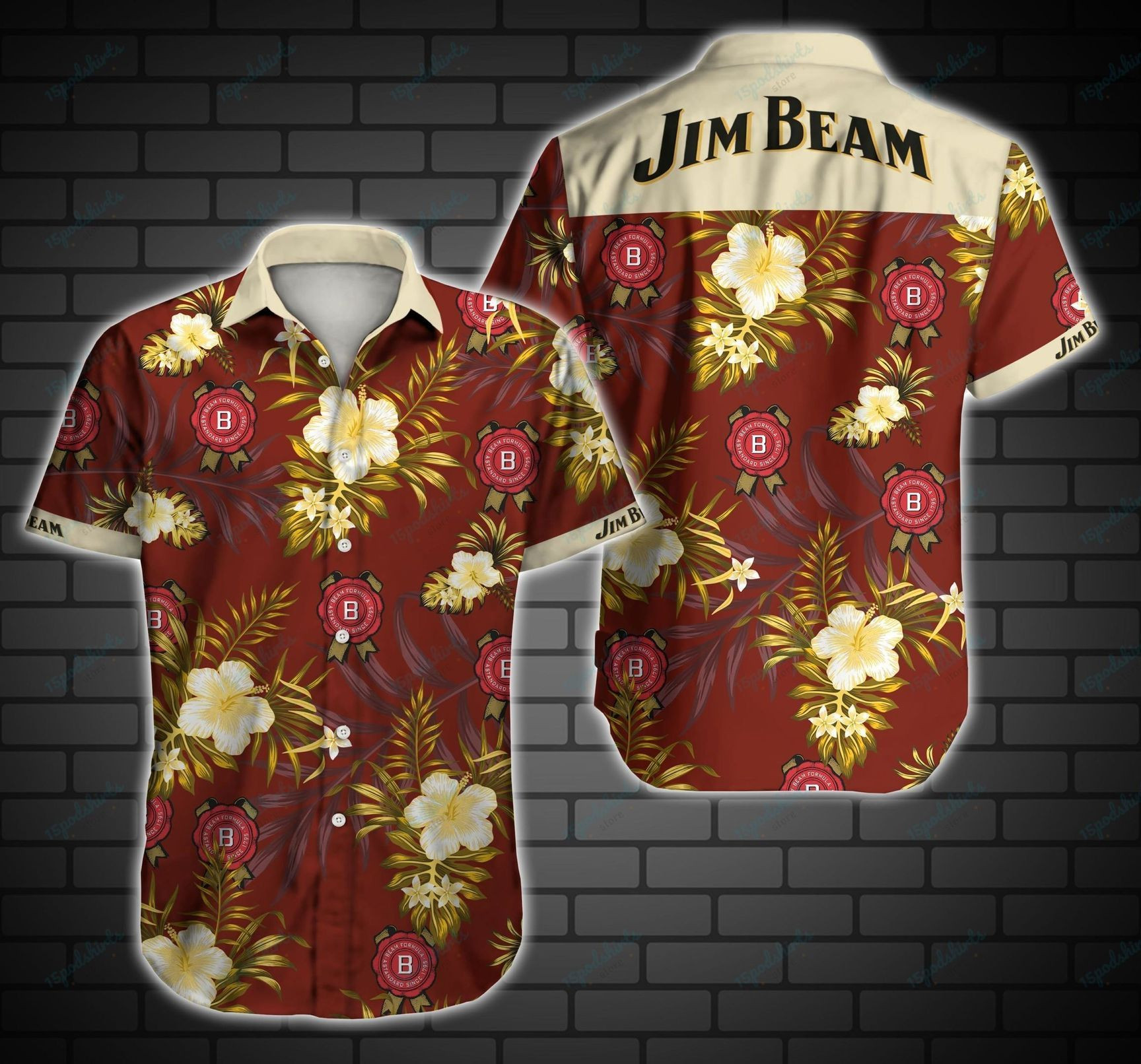 Jim Beam Hawaiian Shirt Tropical Aloha Button Up