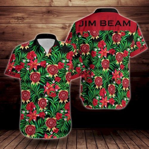 Jim Beam Tropical Flower Hawaiian Shirt Tropical Aloha Button Up