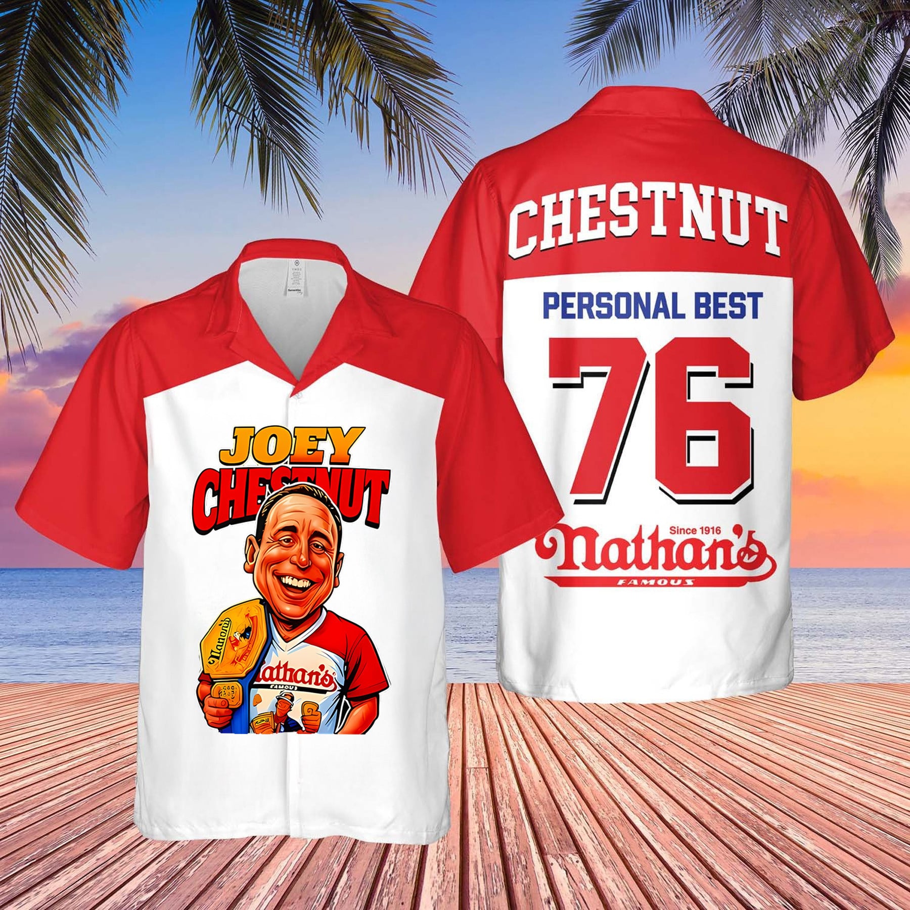 Joey Chestnut Hawaiian Shirt Hot Dog Eating Contest 2026 Personal Best 76 Eater Champion