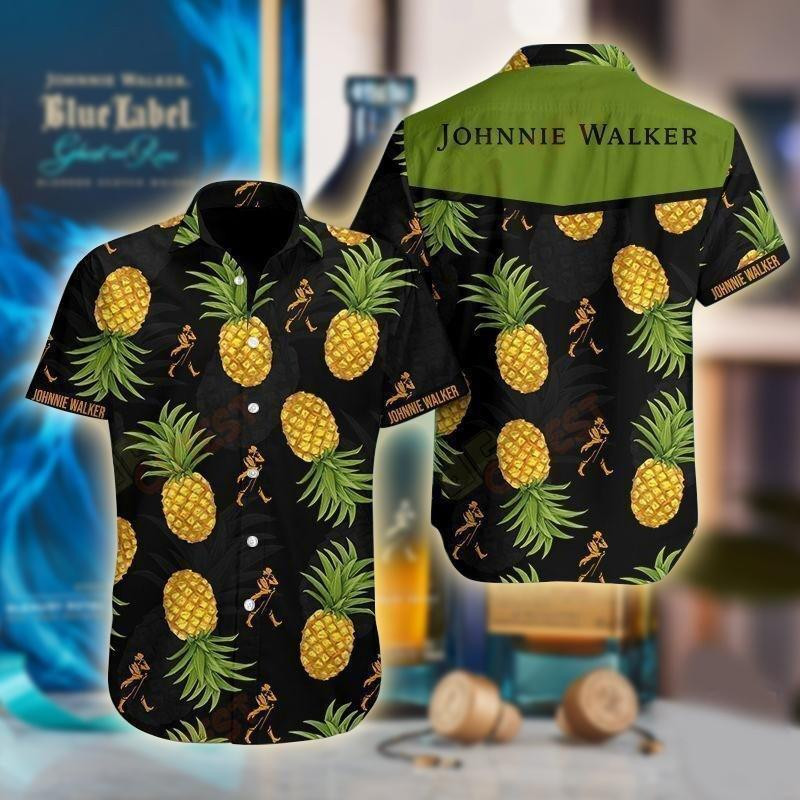 Johnnie Walker Pineapple Hawaiian Shirt Tropical Aloha Button Up