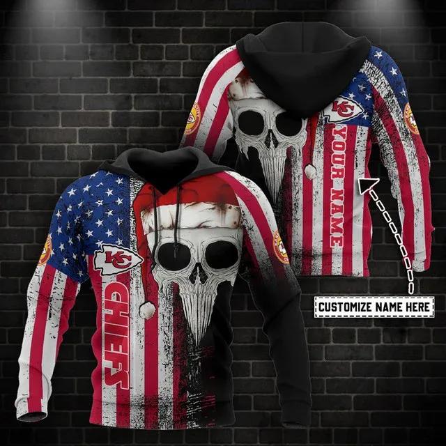 Kansas City Chiefs American Flag Skull Christmas Personalized NFL 3D All Over Print Hoodie
