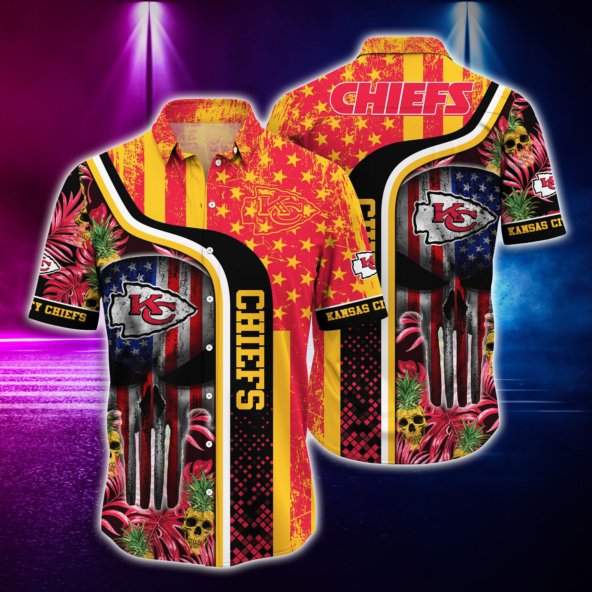 Kansas City Chiefs And Skull Tropical Hawaiian Shirt Tropical Aloha Button Up
