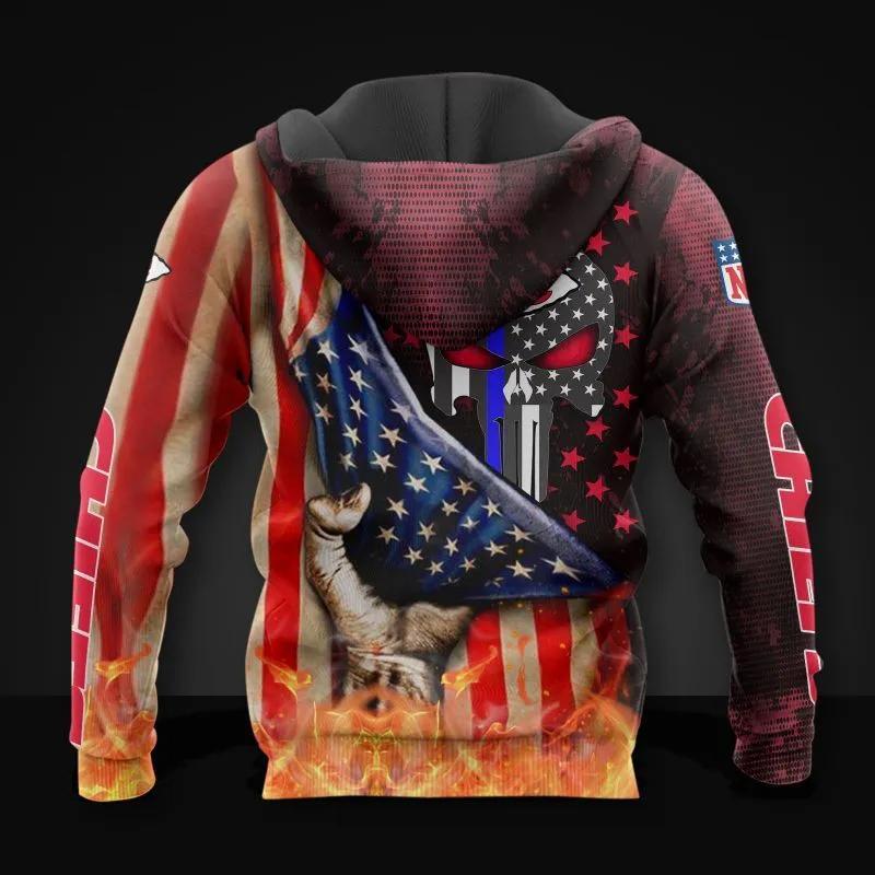 Alternative view of Kansas City Chiefs Skull American Flag NFL 3D All Over Print Hoodie