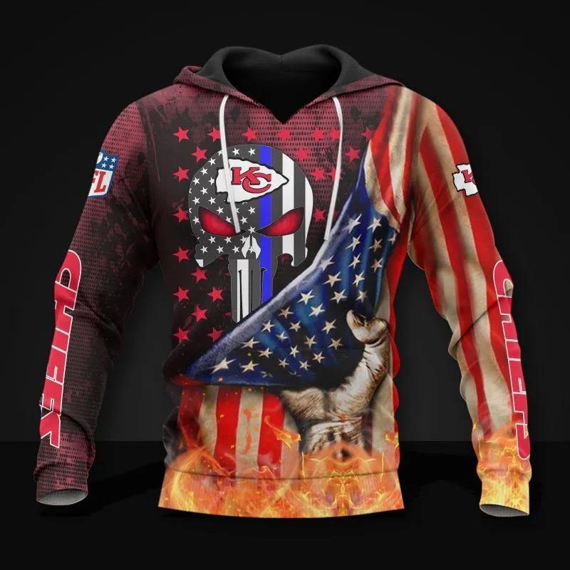 Kansas City Chiefs Skull American Flag NFL 3D All Over Print Hoodie