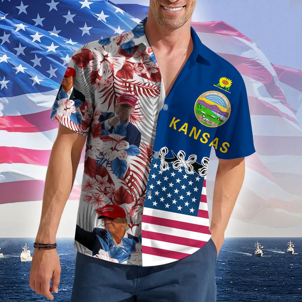 Kansas For Trump 2024 Hawaiian Shirt MAGA Donald Trump Summer Button Up Shirt Gifts For Father