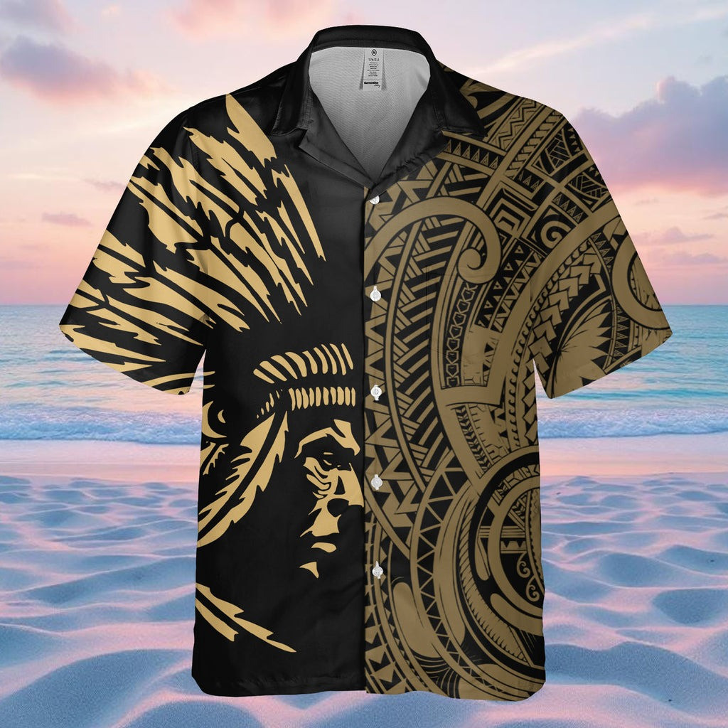 Khaki Chief Native American Hawaiian Shirt Pattern Design Modern Native American Clothing