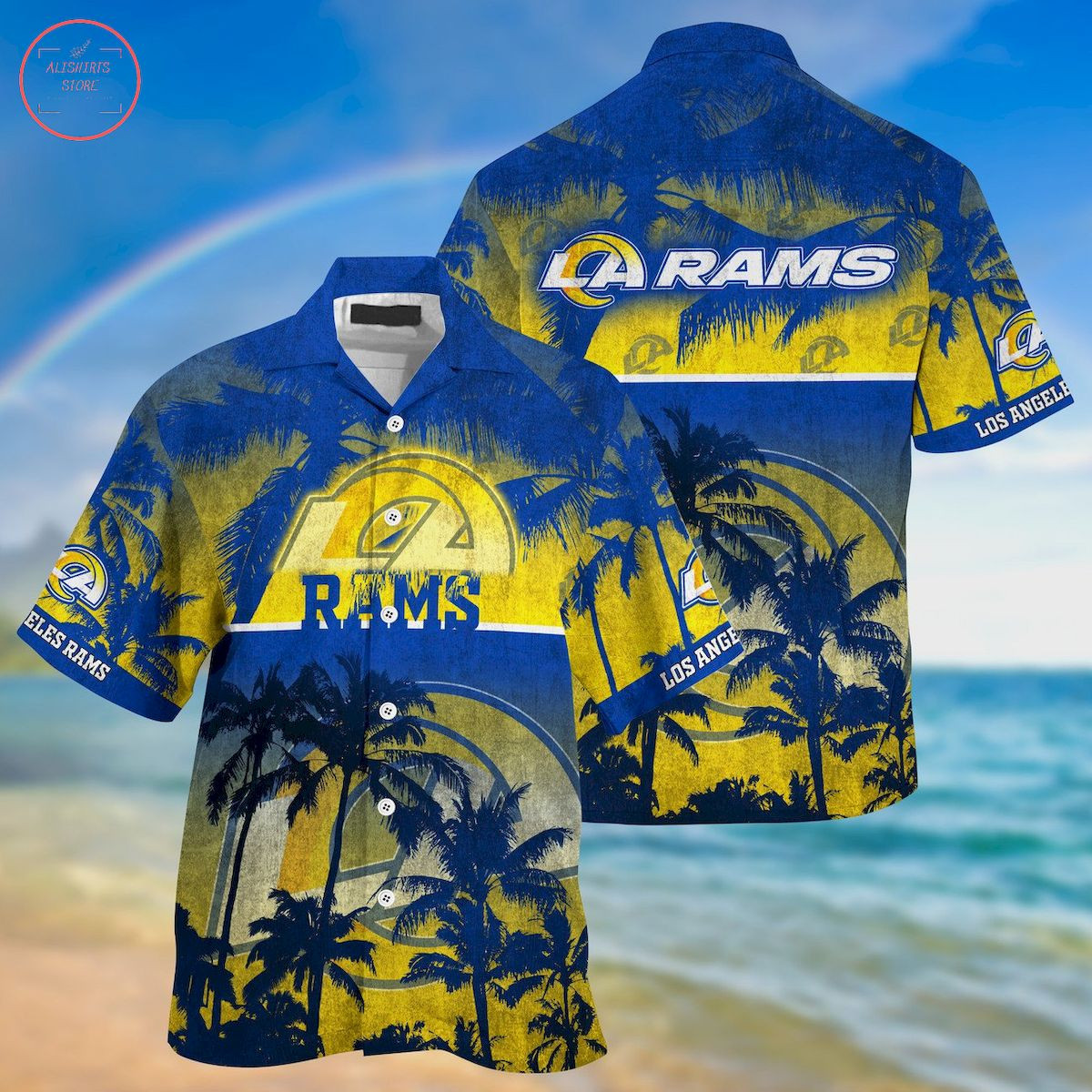 Los Angeles Rams Palm Hawaiian Shirt Tropical Aloha Button Up