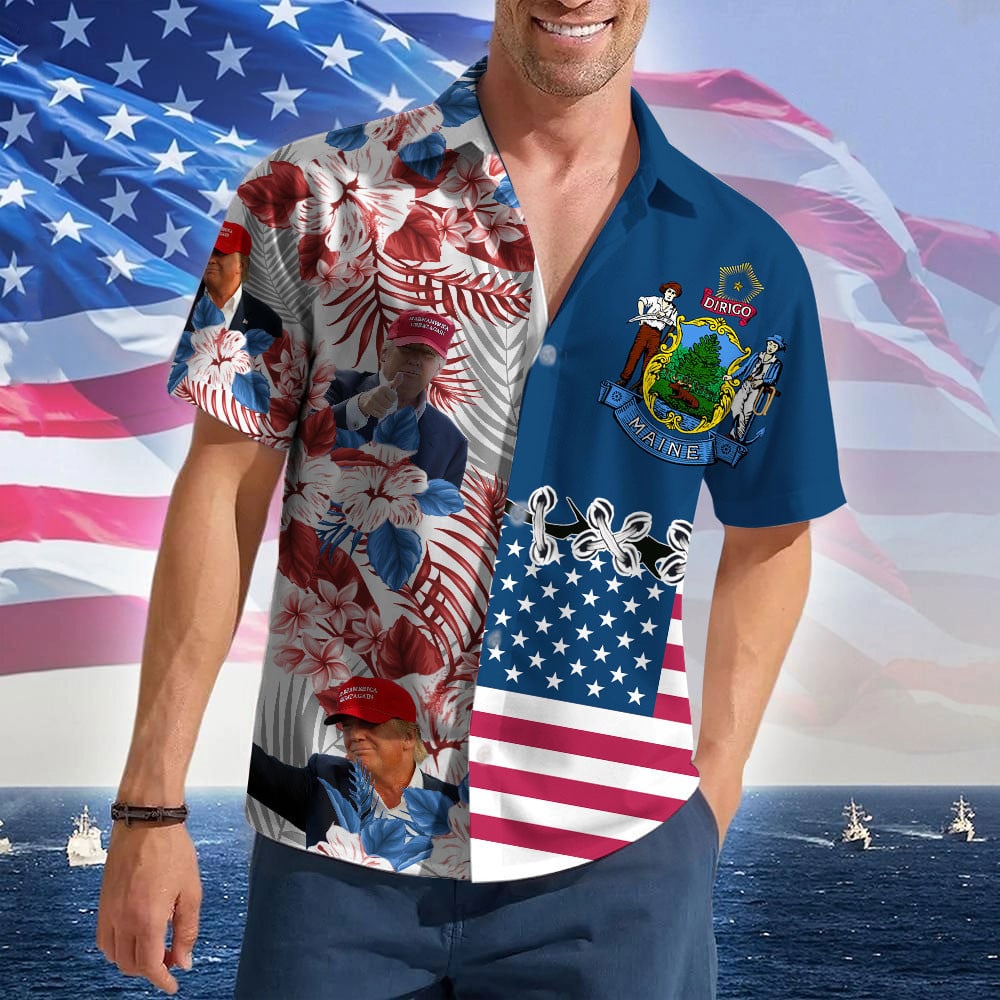 Maine For Trump 2024 Hawaiian Shirt MAGA Merch Trump For President Mens Summer Button Up Shirts