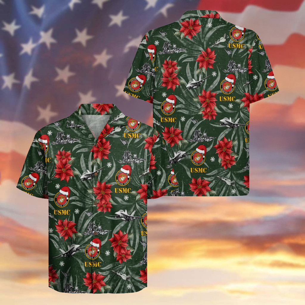 Marine Corps Christmas Hawaiian Shirt USMC Logo Red Poinsettia Festive Clothing For Him