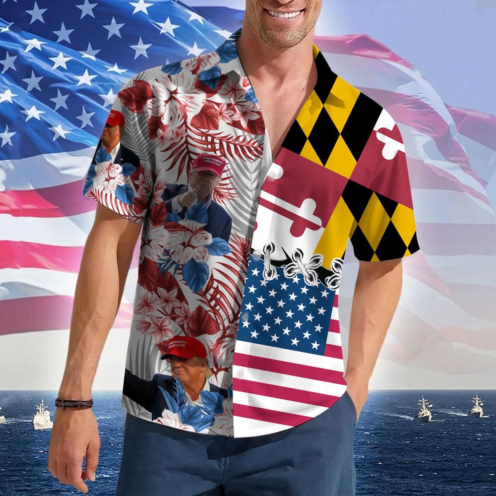 Maryland For Trump 2024 Hawaiian Shirt MAGA Trump For President Mens Summer Button Up Shirts