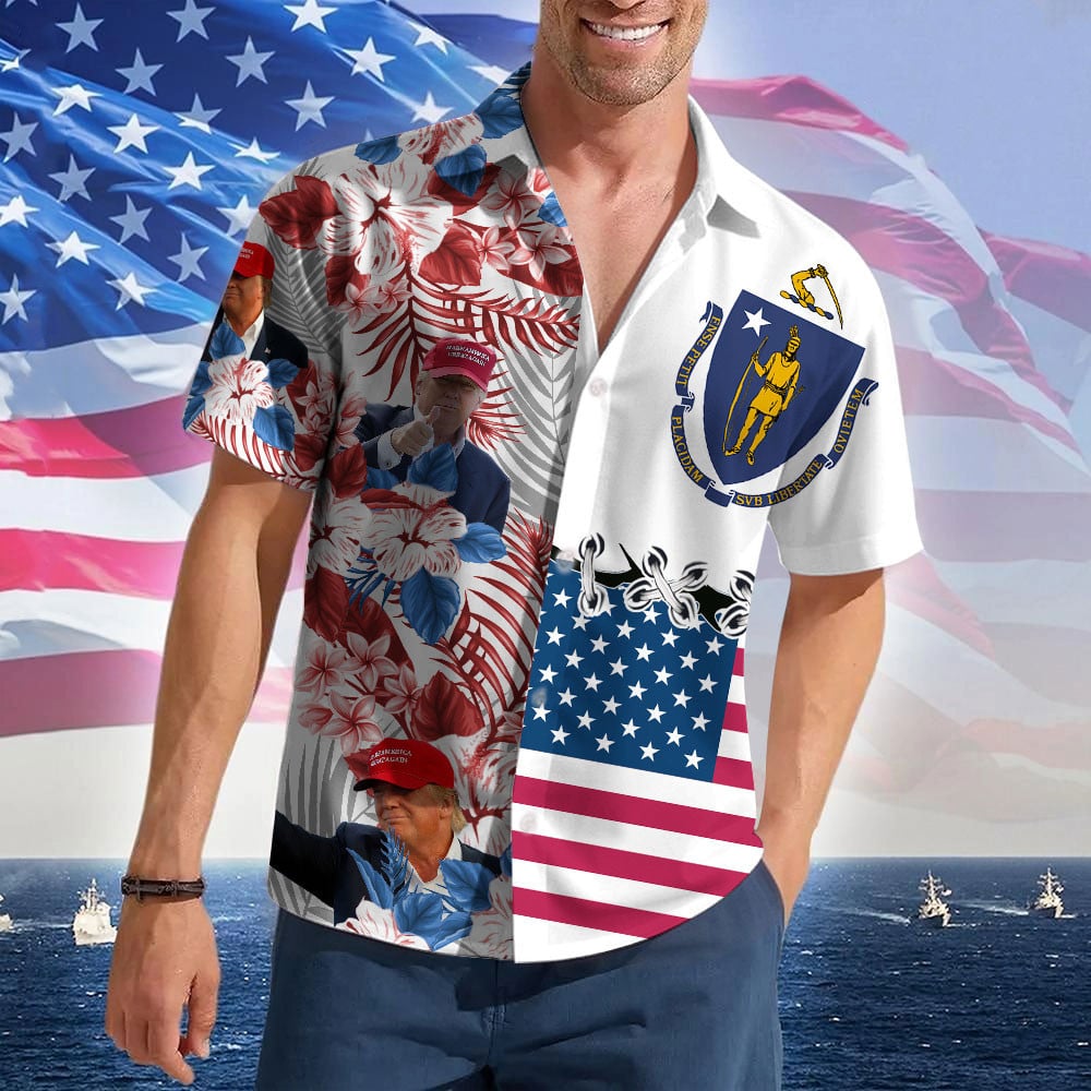 Massachusetts For Trump 2024 Hawaiian Shirt Vote Trump For President Aloha Shirt Gifts