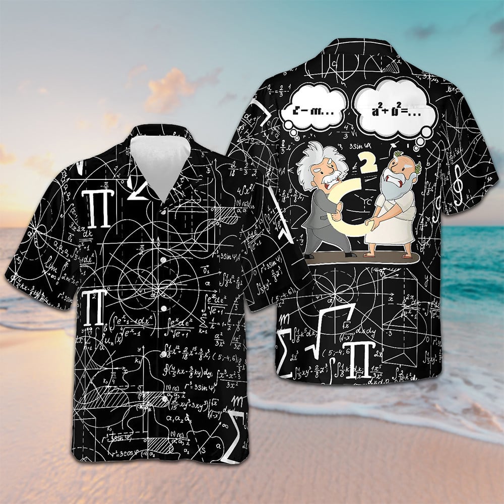 Maths Pythagoras And Einstein Hawaiian Shirt Mens Short Sleeve Button Up Math Lovers Gifts