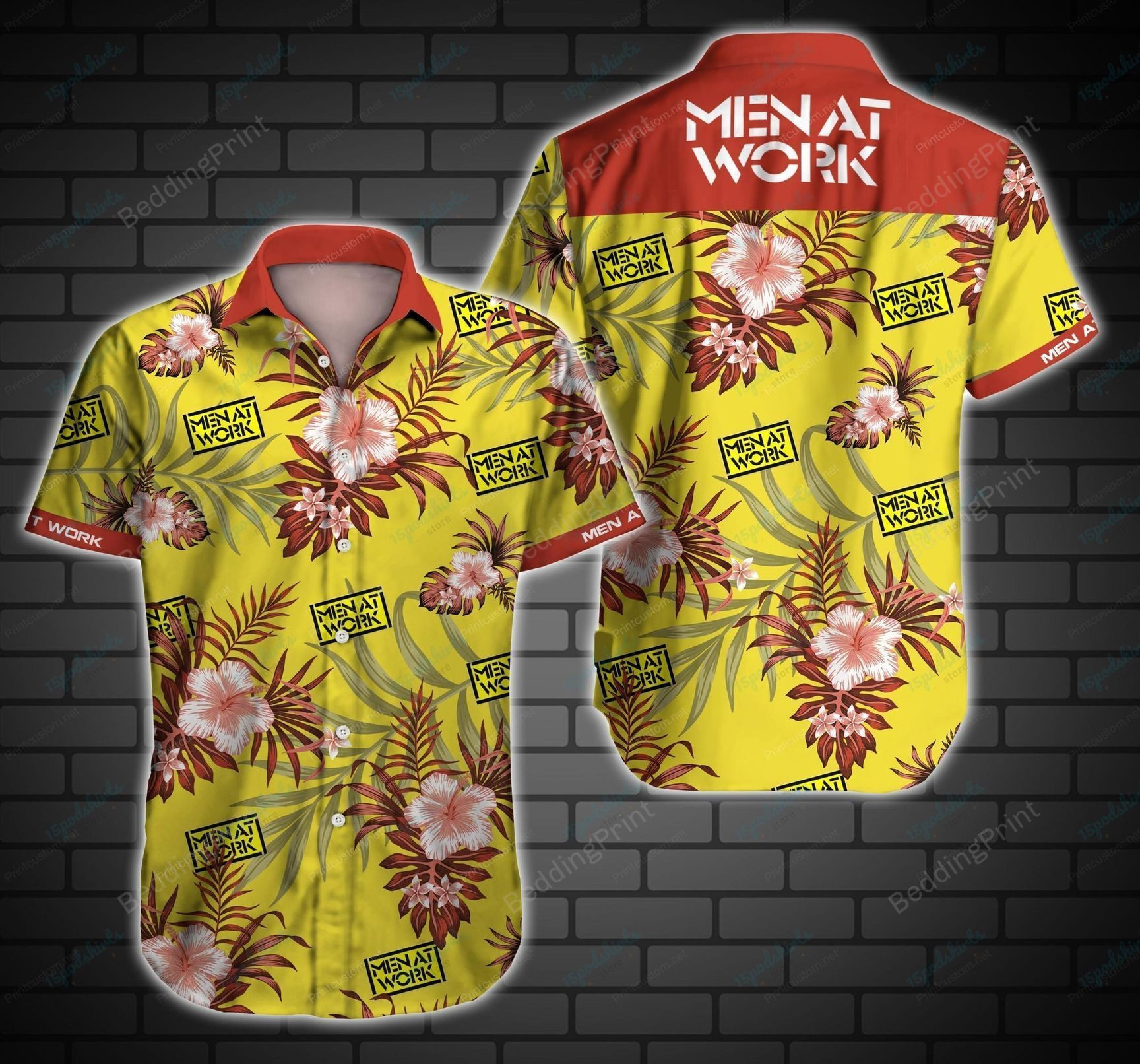 Men At Work Hawaiian Shirt Tropical Aloha Button Up