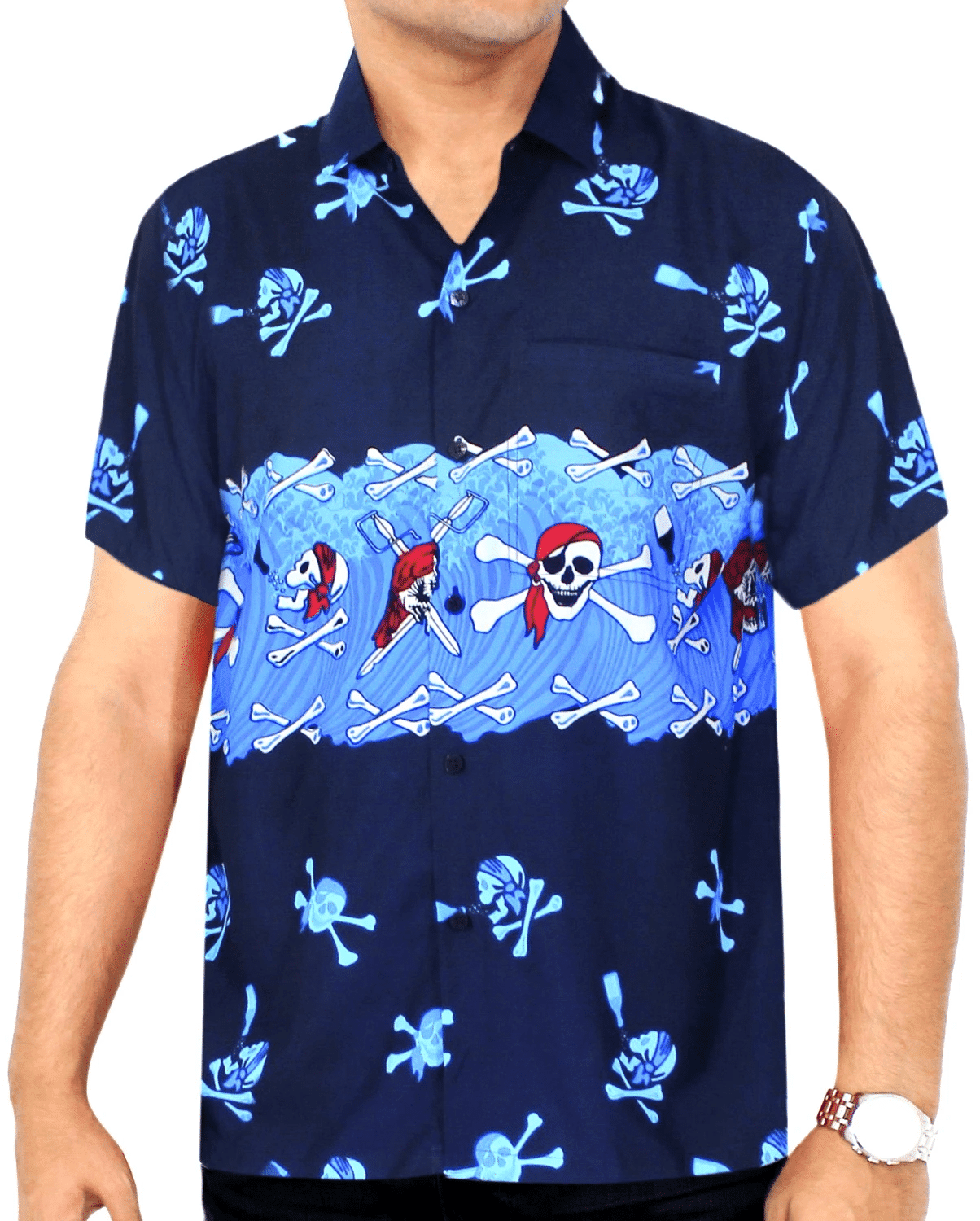 Men Casual Beach Pirates Hawaiian Shirt Tropical Aloha Button Up