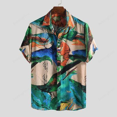 Mens Creative Graffiti Printing Vacation Hawaiian Shirt Tropical Aloha Button Up